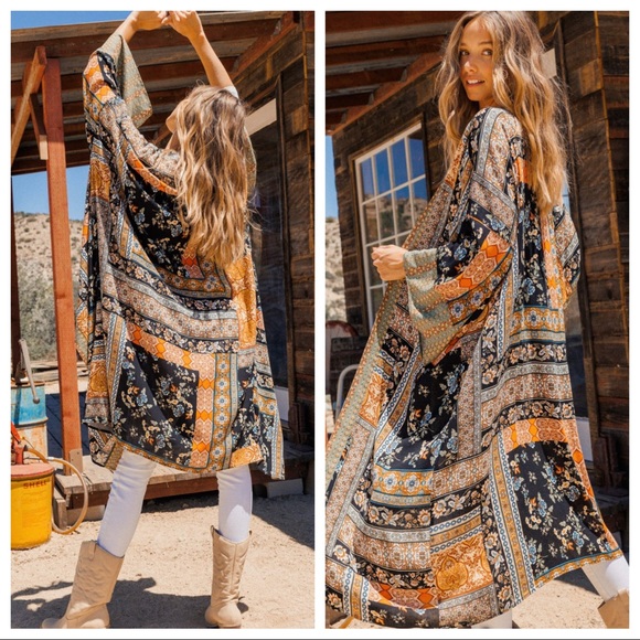 Boho Chic Multi Color Printed Long Kimono - Picture 4 of 4